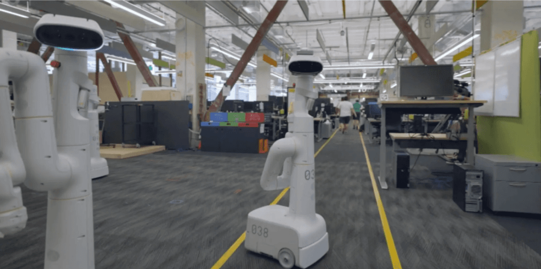 A robot navigating the workspace